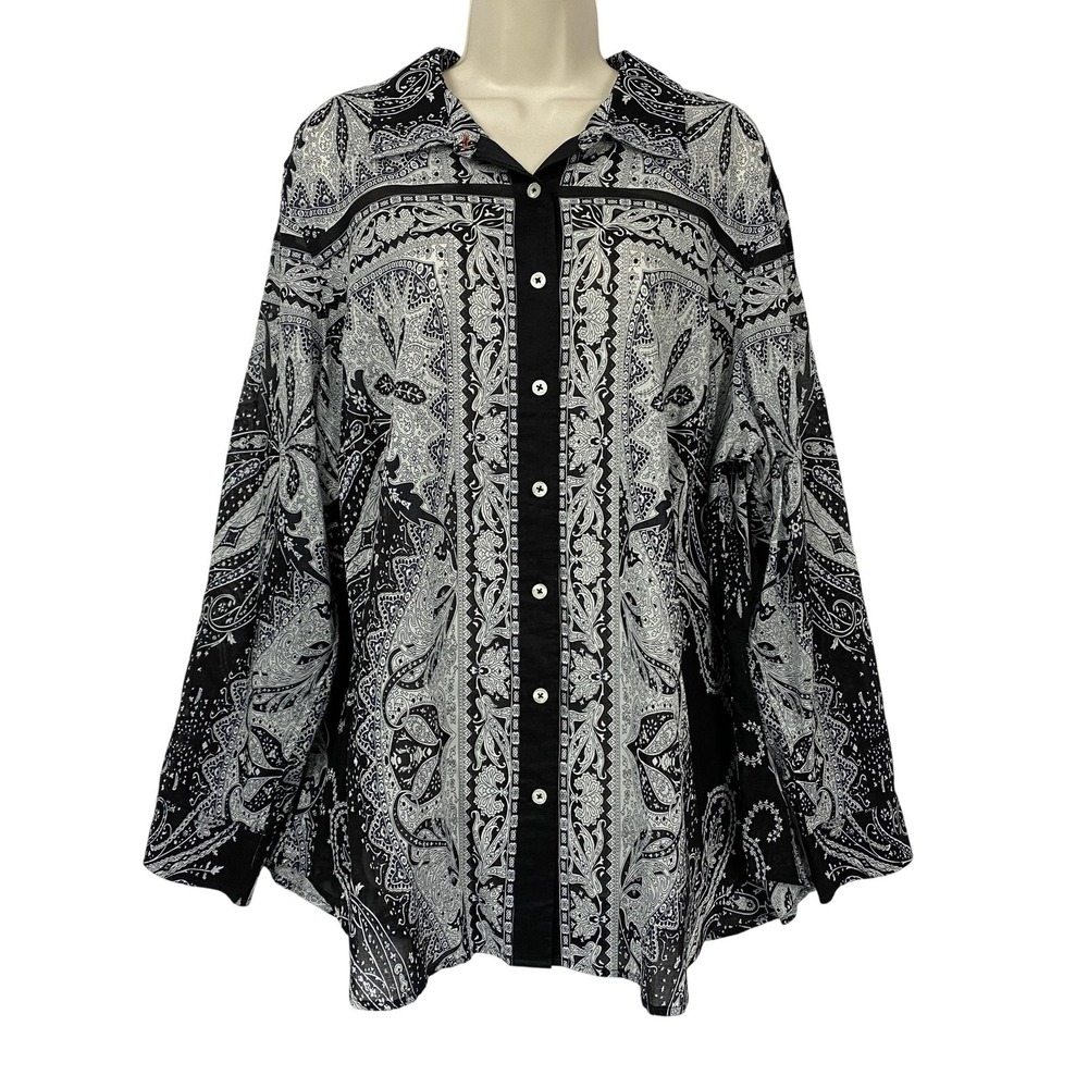Talbots Top 2X Black White Paisley Button Up Tunic Lightweight Semi Sheer Boho